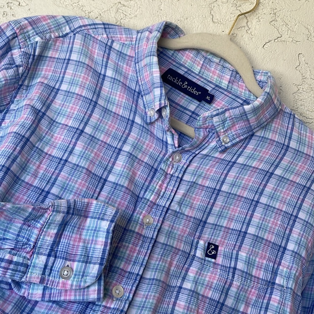 Tackle & Tides Long Sleeve Blue Pink Plaid Button Down Men's Size XL